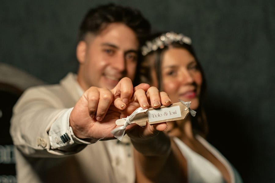 A couple celebrating at their wedding